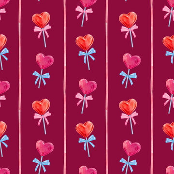 Seamless pattern for Valentines day, heart shaped candy, lollypop in a shape of a heart, a cute hand drawn watercolor illustration for Valentine's Day on a dark pink background.