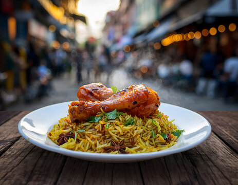 chicken drumstick biryani plated with fragrant rice in lively street backdrop
