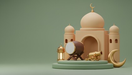 3D Islamic Greeting Scene with Mosque, Bedug Drum, Cannon, and Golden Crescent Moon on Sage Green Background for Ramadan and Eid