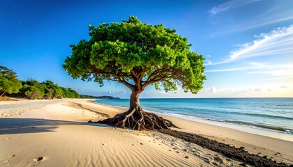 Exposed Tree Roots on a Tropical Beach Under a Clear Blue Sky.