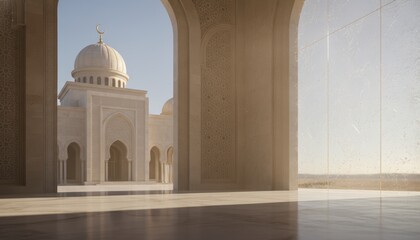 Realistic 3D Render of a Grand Mosque Courtyard with Elegant Arches and Marble Floor at Sunset for Islamic Heritage and Travel Concept