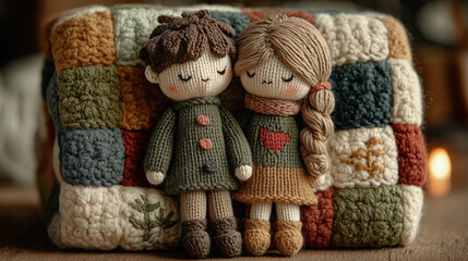 Two adorable knitted dolls, a boy and a girl, stand closely together against a cozy, multicolored patchwork blanket, evoking warmth and childhood nostalgia.
