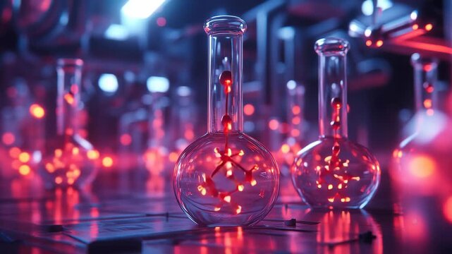Futuristic laboratory science background with glowing red molecules in glass flasks and blue neon light Perfect for medical technology films or science intros