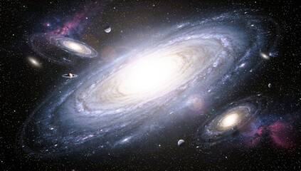 Obraz premium Grand Spiral Galaxy System with Orbiting Planets and Star Rings in a Stunning Cosmic Universe