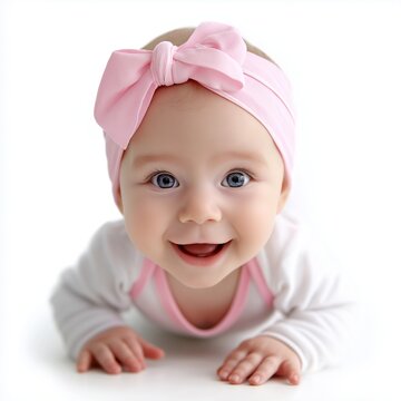 Niedliches Baby mit rosa Haarband krabbelt auf wei&szlig;em Hintergrund und blickt neugierig nach vorne