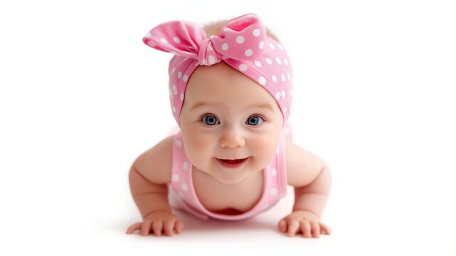 Niedliches Baby mit rosa Haarband krabbelt auf wei&szlig;em Hintergrund und blickt neugierig nach vorne