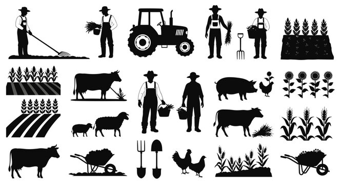 Key farm and agriculture icon set with farmers, livestock, machinery, and crops. Ideal for illustrating rural concepts, food production, and general agricultural themes