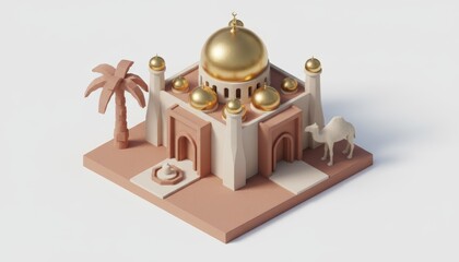 Isometric 3D Illustration of a Mosque with Golden Domes, Palm Tree, and Camel on an Isolated White Background for Islamic Holiday Concepts