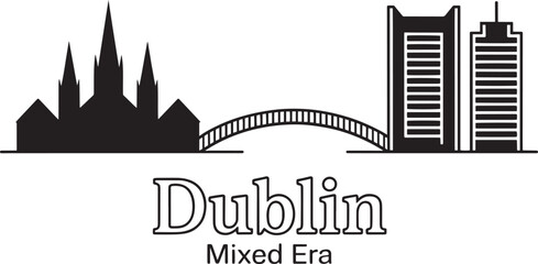 Naklejka premium Dublin mixed era cityscape featuring historic spires, a bridge, and modern office blocks