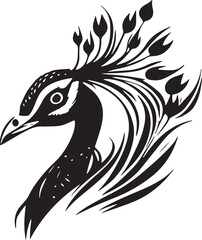 Obraz premium Black and white the peacock bird vector illustration featuring tribal tattoo wings and a wild animal silhouette for a nature logo design art symbol