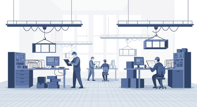 Modern factory floor with workers operating machinery and computers, overhead cranes, and organized workstations.