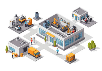 Obraz premium Isometric view of a modern factory with machinery, vehicles, and workers