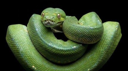 Fototapeta premium Emerald Green Tree Python Coiled on Branch Symbolizing Wildlife Conservation, Exotic Pets, Herpetology