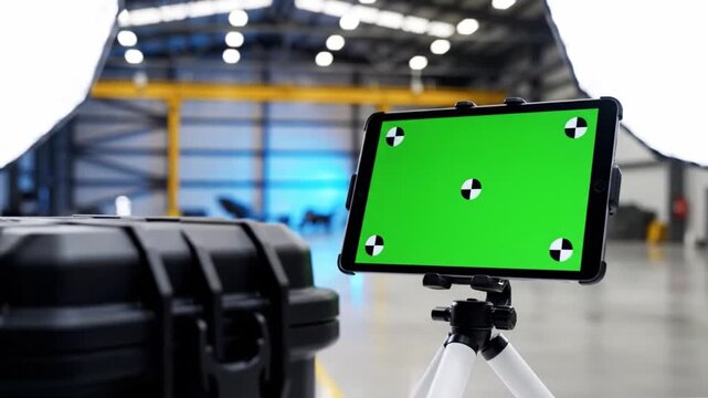 Digital Display at Industry: A digital tablet displaying a vibrant green screen, set up on a tripod, positioned against an industrial backdrop hinting at technological integration.