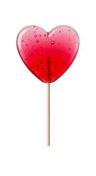 Red pink heart shaped lollipop with air bubbles on wooden stick PNG. Textured valentine day candy fizzy look. Sweet treat love symbol sucker glossy sugar dessert snack, bright texture isolated