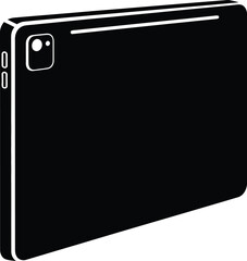 A sleek black silhouette icon of a modern tablet device from a side and rear perspective