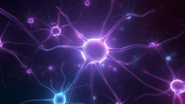 Neurons transmitting signals in a vibrant network of purple and blue fibers, showcasing complex cellular activity