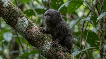 Fototapeta premium Brown Monkey Clinging to Moss covered Tree Branch in Lush Forest, Symbolizing Wildlife Conservation, Biodiversity