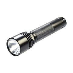 A black flashlight with a white light on a white background.