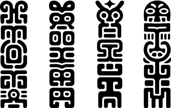 Tribal Totem Tiki Mask Vertical Pattern Set Black Vector