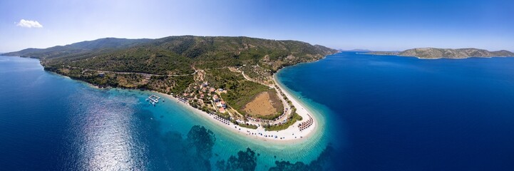 16K Ultra High Resolution Gigapixel Panorama of Agios Dimitrios Beach &mdash; Iconic Lingua Sand Spit and Crystal Emerald Water, Alonissos Marine Park Sporades Greece, aerial drone view