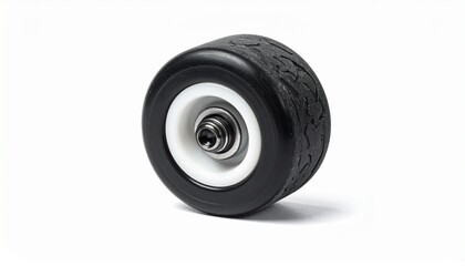 Small Black Wheel with White Rim and Metal Axle on White Background