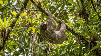 Obraz premium Sloth Hanging on Tree Branch with Lush Green Foliage Symbolizing Wildlife Conservation, Nature Preservation