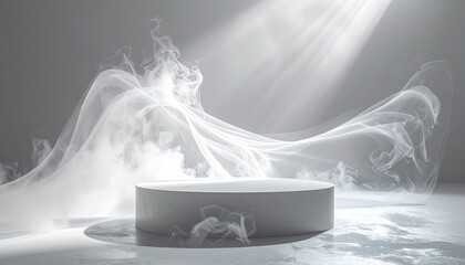 Curved vapor sheet wrapping silent podium, soft atmospheric conceptual space