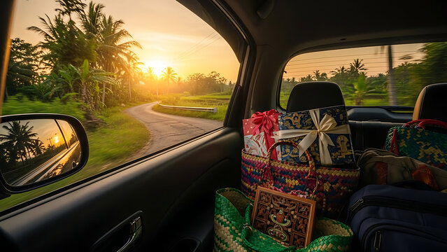Travel Bag Inside Car During going home for Eid Trip at Sunset