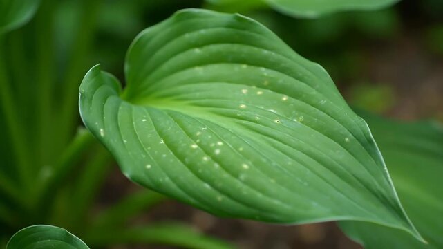 A vibrant green hosta leaf displays delicate veins and subtle yellow spots. The lush foliage creates a serene and natural garden scene.