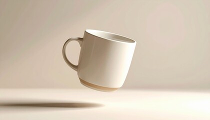 Floating ceramic mug mockup, warm soft light, neutral backdrop