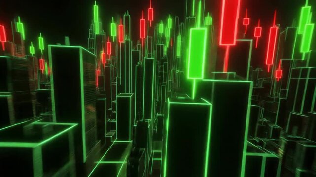 Futuristic Stock Market City Flythrough with Glowing Green and Red Candlestick Charts. High Frequency Trading and Crypto Economy Landscape
