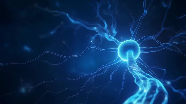 A neuron signaling process visualized through a glowing blue network of nerve fibers and sparks against a dark blue background, viewed from a close-up perspective as in neuron-signal-26.mp4