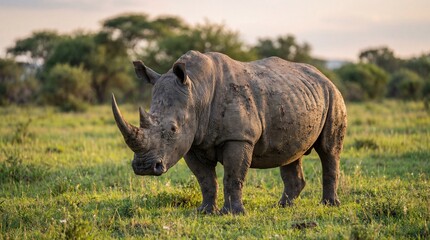 Fototapeta premium Powerful White Rhinoceros with Prominent Horns on Green Savanna, Symbolizing African Wildlife Conservation and Natural Heritage, Nature, Safari, Ecology