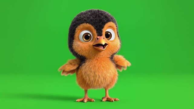 3D cartoon penguin character standing on greenscreen background with expressive eyes and fluffy feathers