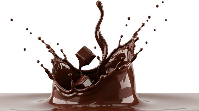 Dynamic Dark Chocolate Explosion: High-Gloss Liquid Splash with Flying Cube