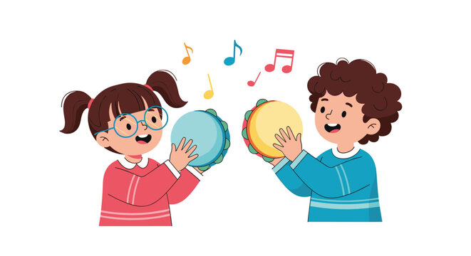 Children playing tambourine and singing music notes cartoon vector
