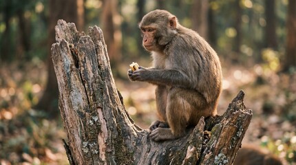 Rhesus Macaque Monkey Eating on Weathered Tree Stump, Illustrating Wildlife in Natural Forest, Animal, Nature, Habitat