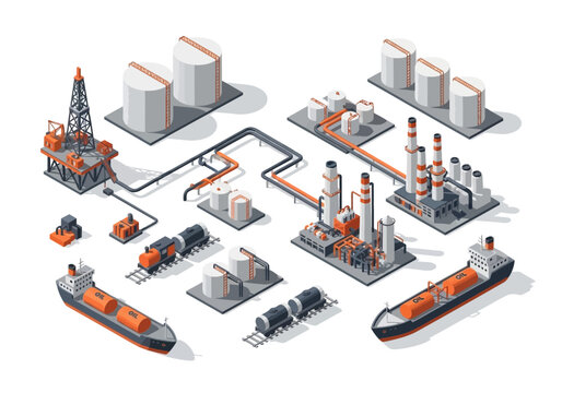 Industrial complex with oil rig, refinery, cargo ship, and train conveying oil