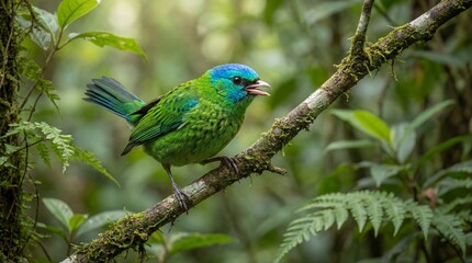 Obraz premium Vibrant Green and Blue Tropical Bird Perched on Mossy Branch, Symbolizing Lush Natures Biodiversity, Wildlife Photography, Eco tourism