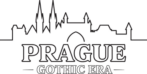 Fototapeta premium Gothic era Prague city skyline line art illustration with historic bridge and spires art