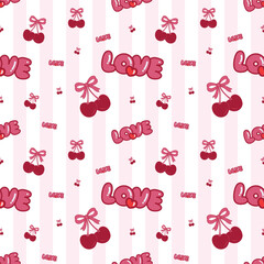 Seamless hand-drawn cartoon pattern of cherries and love lettering. Cute, pink color scheme.