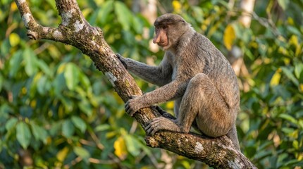 Obraz premium Proboscis Monkey with Distinctive Large Nose on Tree Branch, Symbolizing Rainforest Wildlife, Nature Photography, Conservation