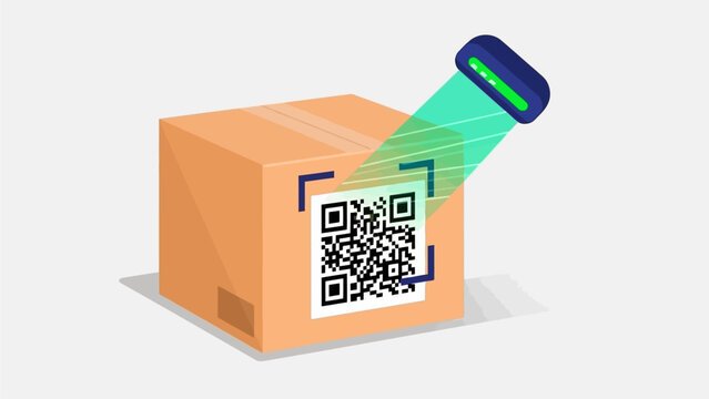 QR Code Scanning and Smart Logistics Package Illustration Representing Digital Tracking and Modern Delivery Technology. This professional illustration shows a cardboard box with a visible QR code bein