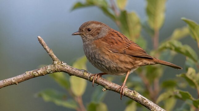 Dunnock Bird on Textured Branch with Green Leaves Symbolizing Nature, Wildlife, Ornithology, Photography