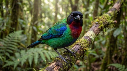 Obraz premium Vibrant Glistening green Tanager with Green, Blue, Red Plumage Perched on Mossy Branch, Symbolizing Tropical Wildlife, Biodiversity, Ecotourism