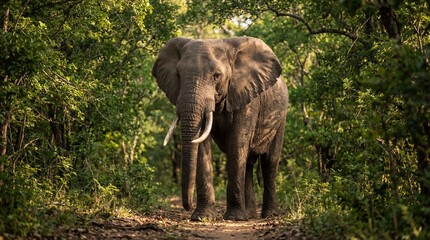 Fototapeta premium Majestic African Elephant with Large Tusks Walking on Dirt Path Through Dense Green Forest Symbolizing Wildlife Conservation, Safari Adventures, Environmental Research