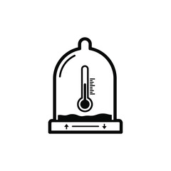 A clear vector icon illustrating a lab chamber containing a thermometer, with up and down arrows at the base, signifying temperature control, regulation, and monitoring in scientific experiments