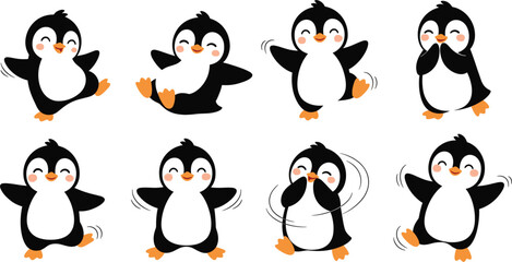 Cute Baby Penguin Vector Character Set Featuring Happy Dancing Antarctic Animals in Various Playful Poses for Winter Holiday Decorations, Childrens Books, and Greeting Cards © MstRoysha