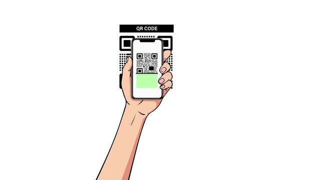 Animated smartphone scanning QR code in flat design on white background showing digital payment, authentication and contactless technology